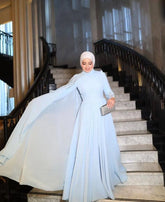 Elegant Muslim Hijab Evening Gown Sky Blue A-Line Chiffon with Beading Dubai Arabic Wedding Party Dress فساتين السهرة